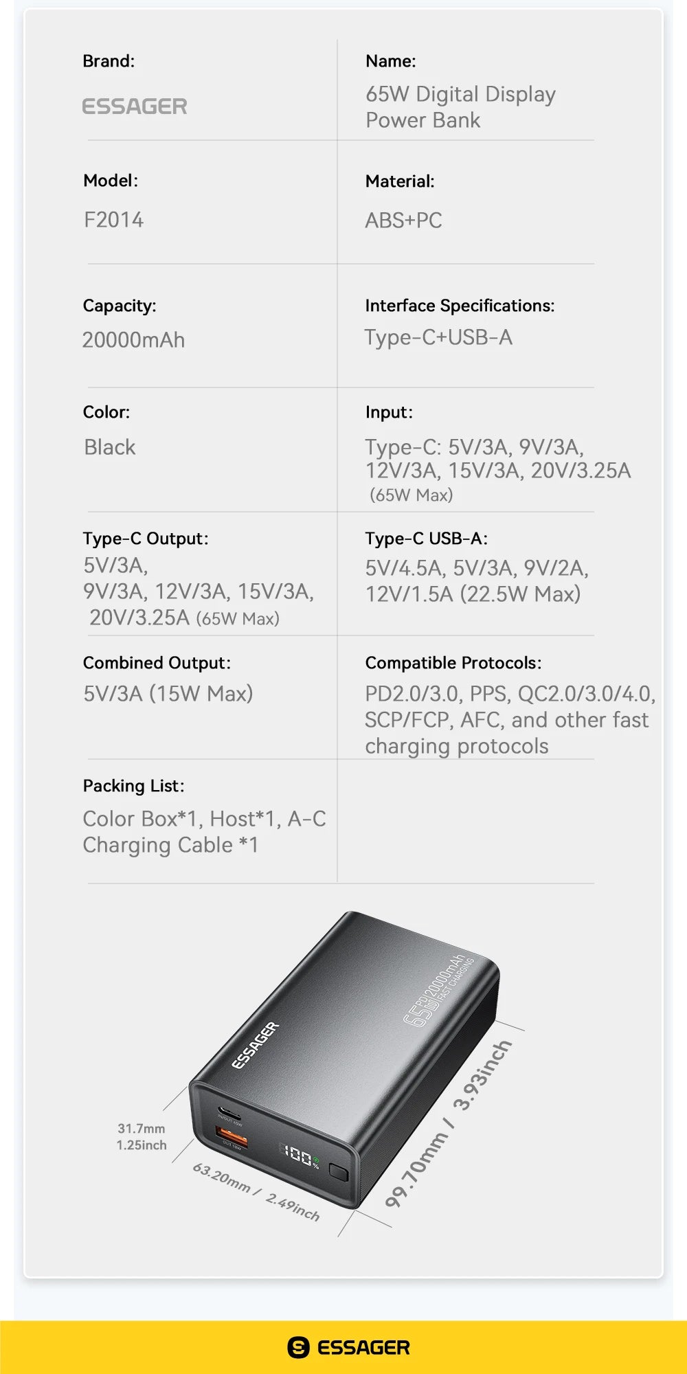 Essager Power Bank 20000mAh Portable PD 65W Fast Charging for iPhone17 16 15 Laptop Mac