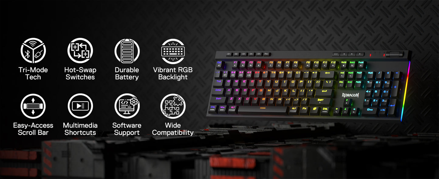 Redragon K580 PRO Wireless RGB Gaming Keyboard, 3-Modes 104 Keys Mechanical Keyboard Hot-Swap Socket, Linear Red Switch