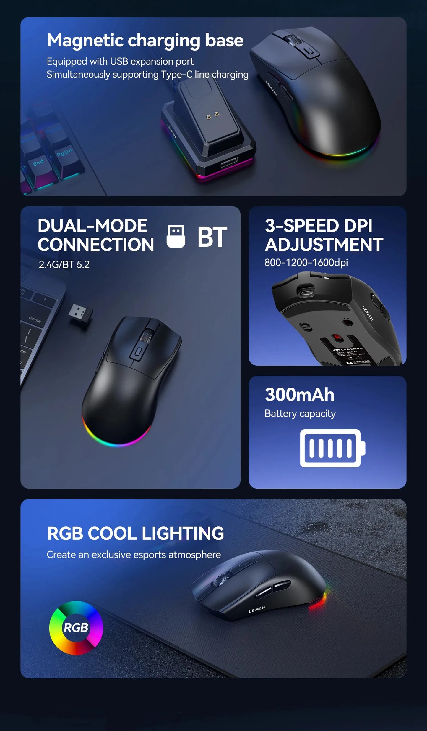 Leaven X3 Wireless Gaming Mouse with Charging Dock, Dual Mode Bluetooth/2.4G