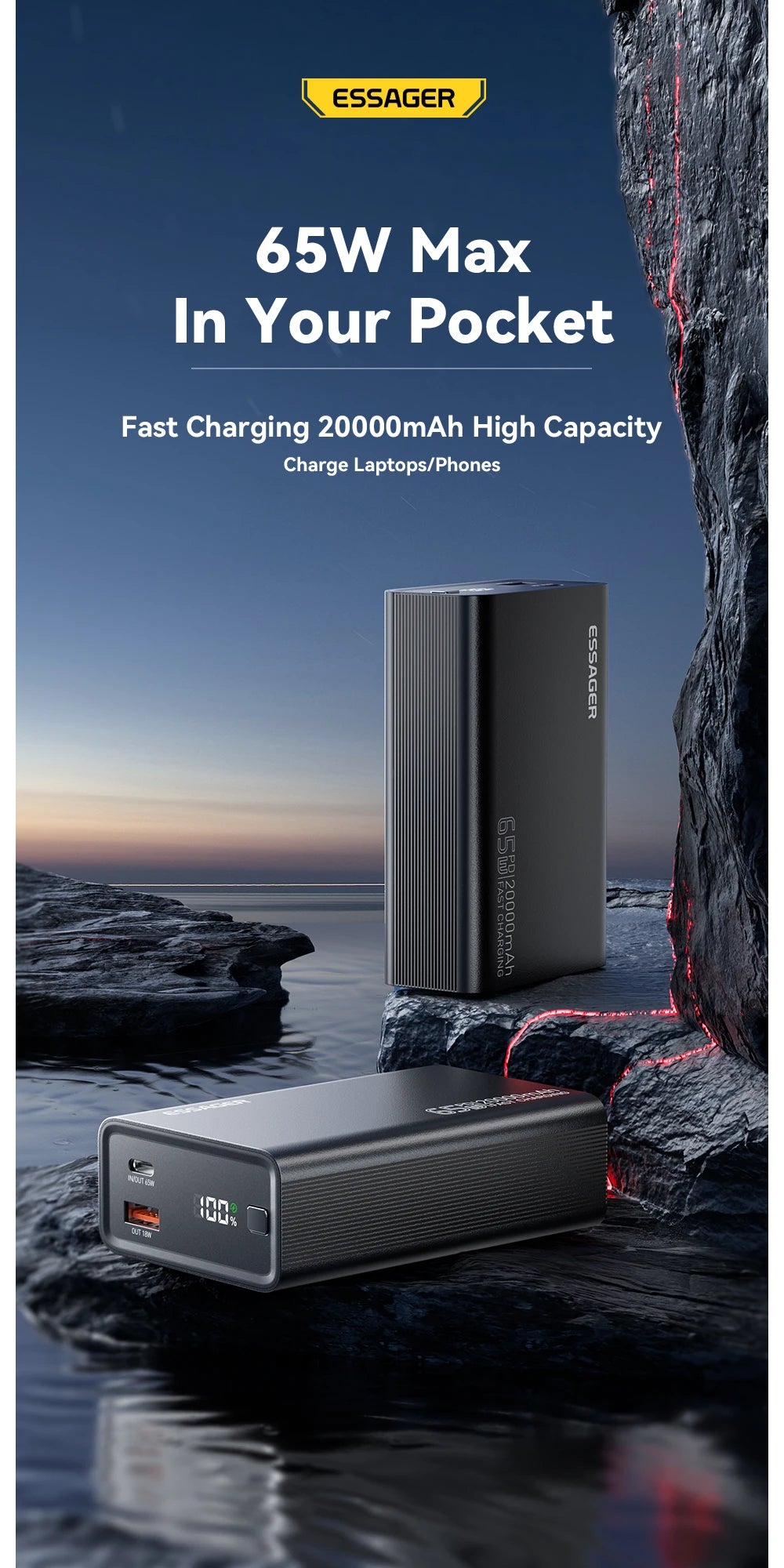 Essager Power Bank 20000mAh Portable PD 65W Fast Charging for iPhone17 16 15 Laptop Mac
