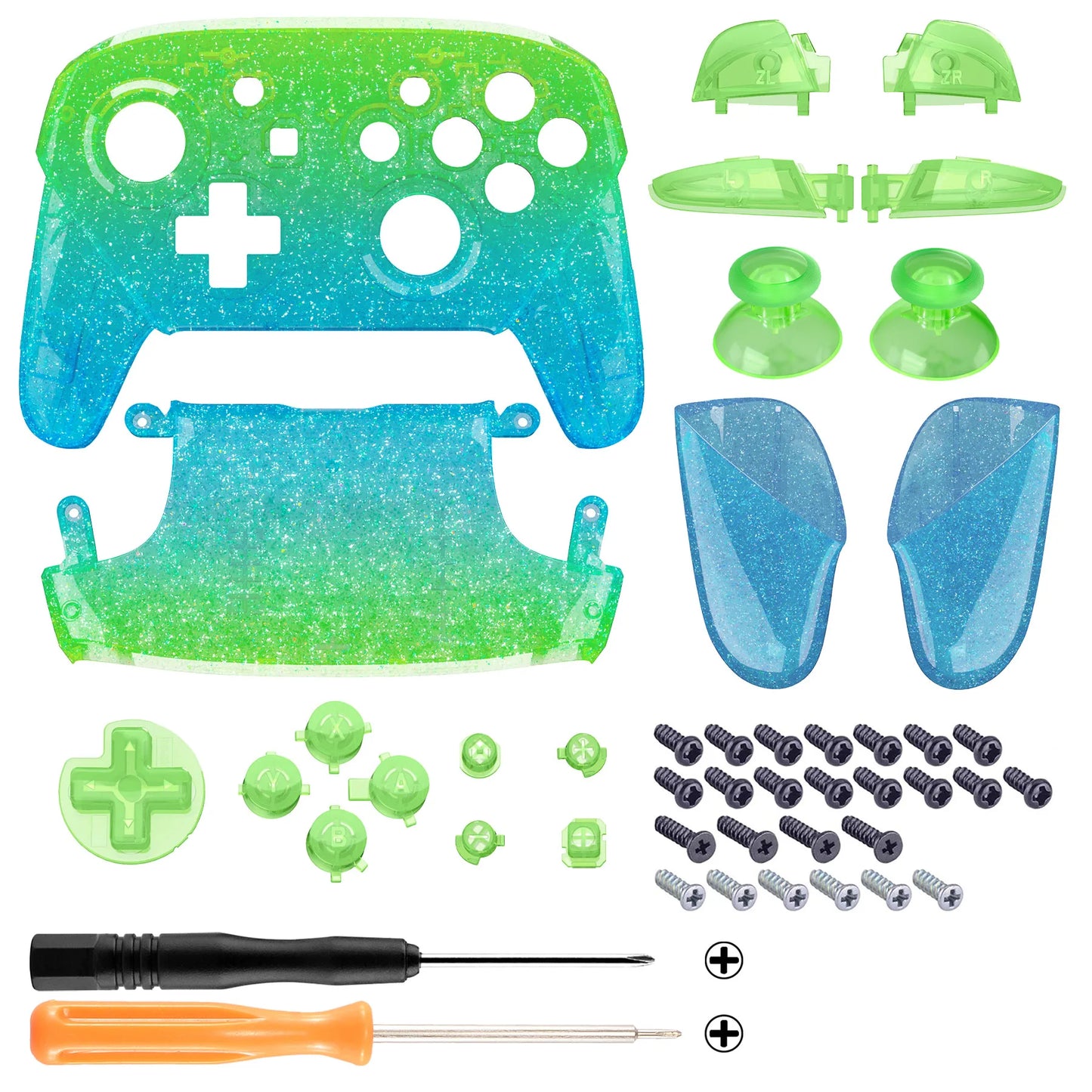 For Nintendo Switch Pro Controller eXtremeRate DIY Replacement Housing Shell - Glitter Gradient Translucent Green Blue