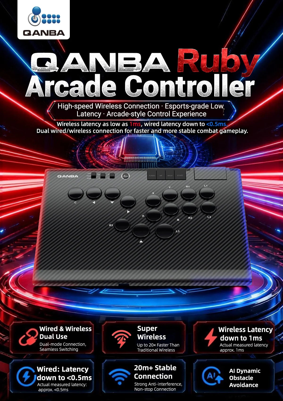 Qanba Ruby Wireless  Leverless Gaming Controller For PC/Steam/Android