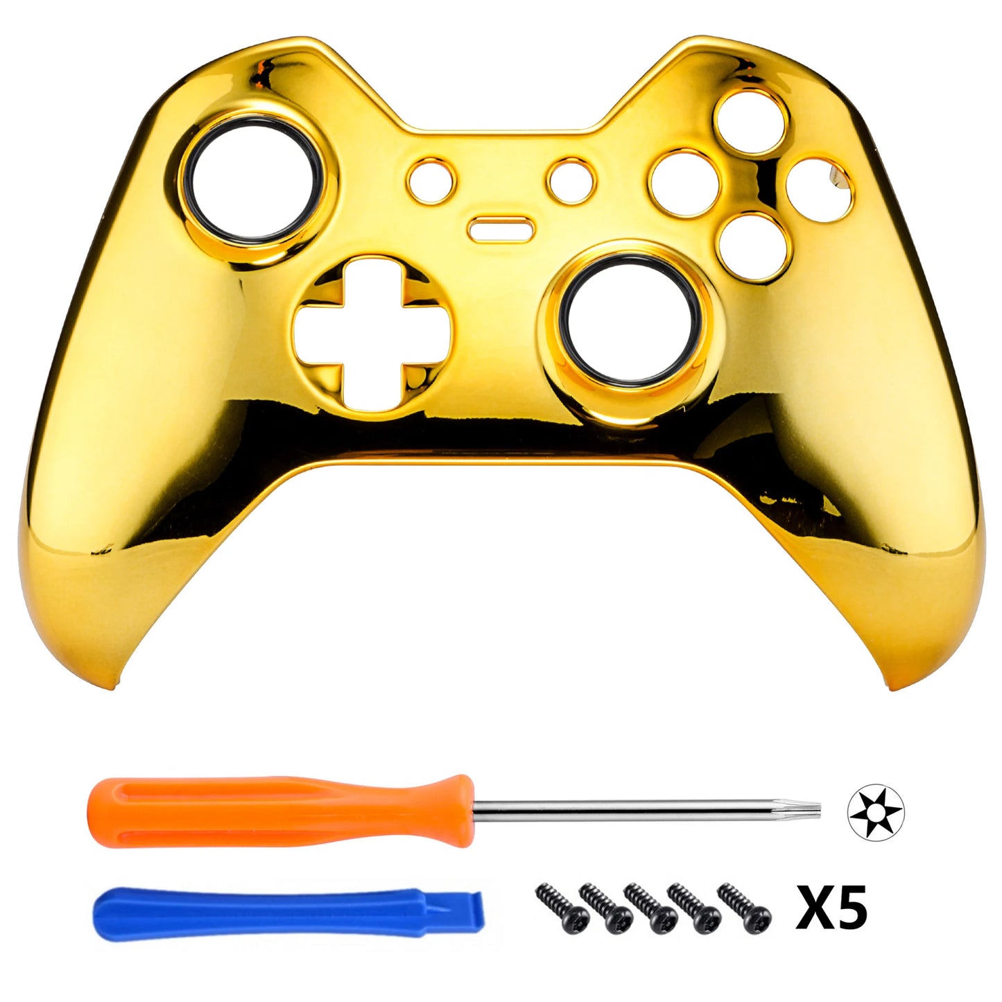 eXtremeRate Front Housing Shell for Xbox One Elite Controller With Accent Rings - White & Chrome Gold & Textured Orange