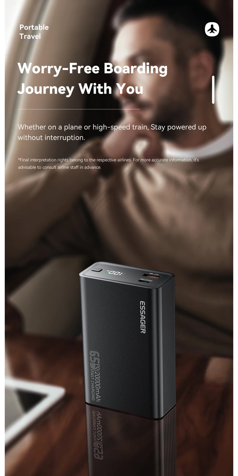 Essager Power Bank 20000mAh Portable PD 65W Fast Charging for iPhone17 16 15 Laptop Mac