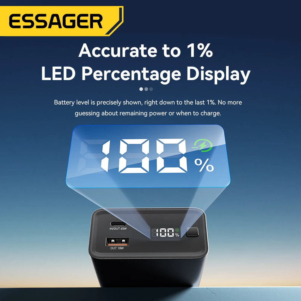 Essager Power Bank 20000mAh Portable PD 65W Fast Charging for iPhone17 16 15 Laptop Mac