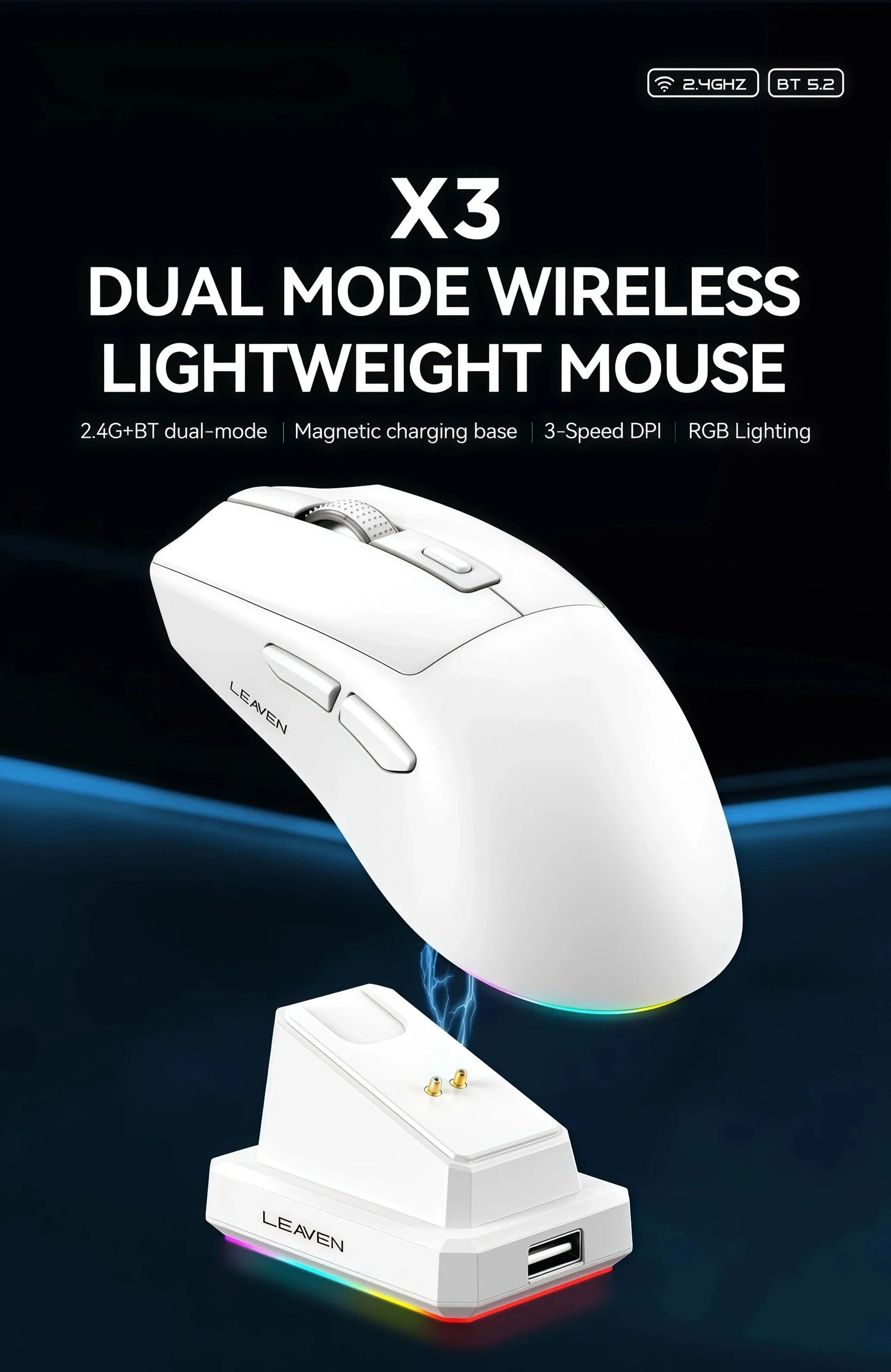 Leaven X3 Wireless Gaming Mouse with Charging Dock, Dual Mode Bluetooth/2.4G