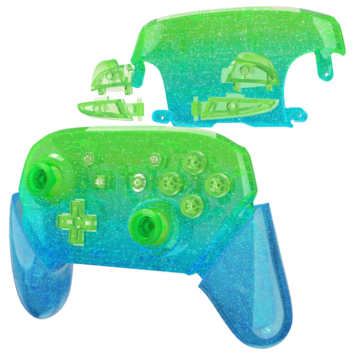 For Nintendo Switch Pro Controller eXtremeRate DIY Replacement Housing Shell - Glitter Gradient Translucent Green Blue