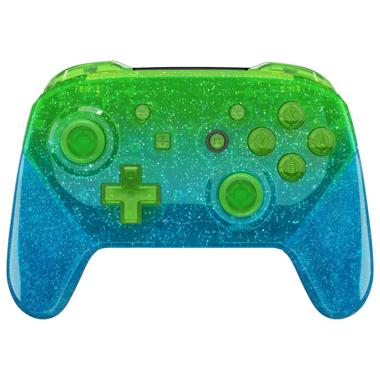 For Nintendo Switch Pro Controller eXtremeRate DIY Replacement Housing Shell - Glitter Gradient Translucent Green Blue