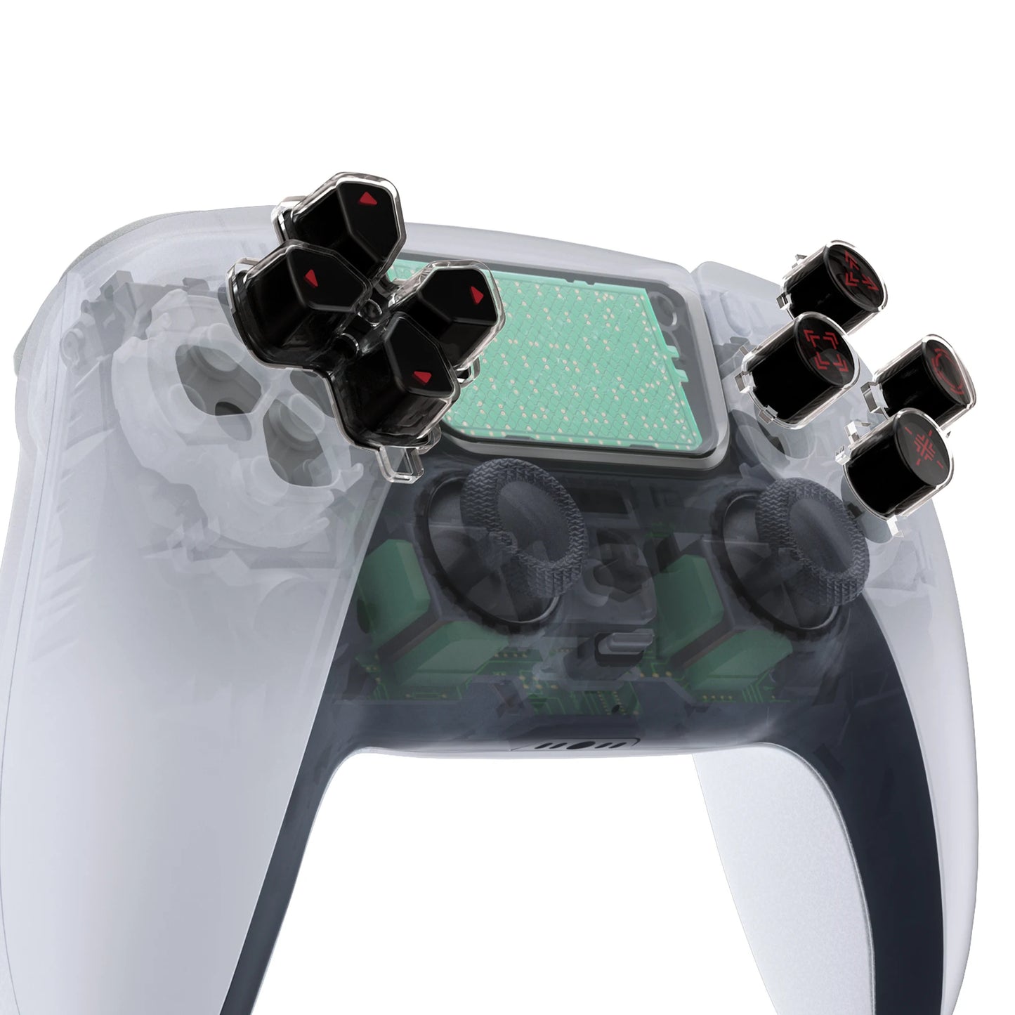 eXtremeRate Custom Dpad Action Buttons Three-Tone Black & Clear with Symbols D-pad Face Buttons Compatible with ps5 Controller