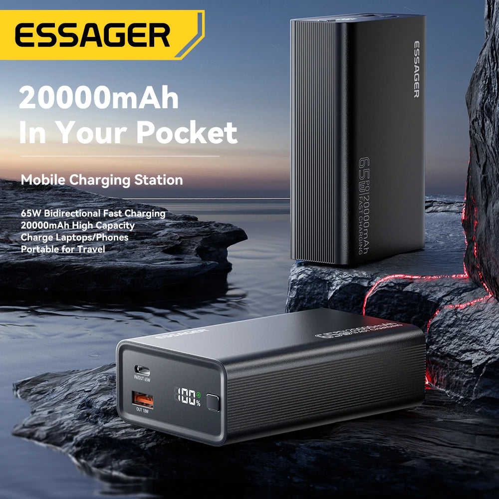 Essager Power Bank 20000mAh Portable PD 65W Fast Charging for iPhone17 16 15 Laptop Mac