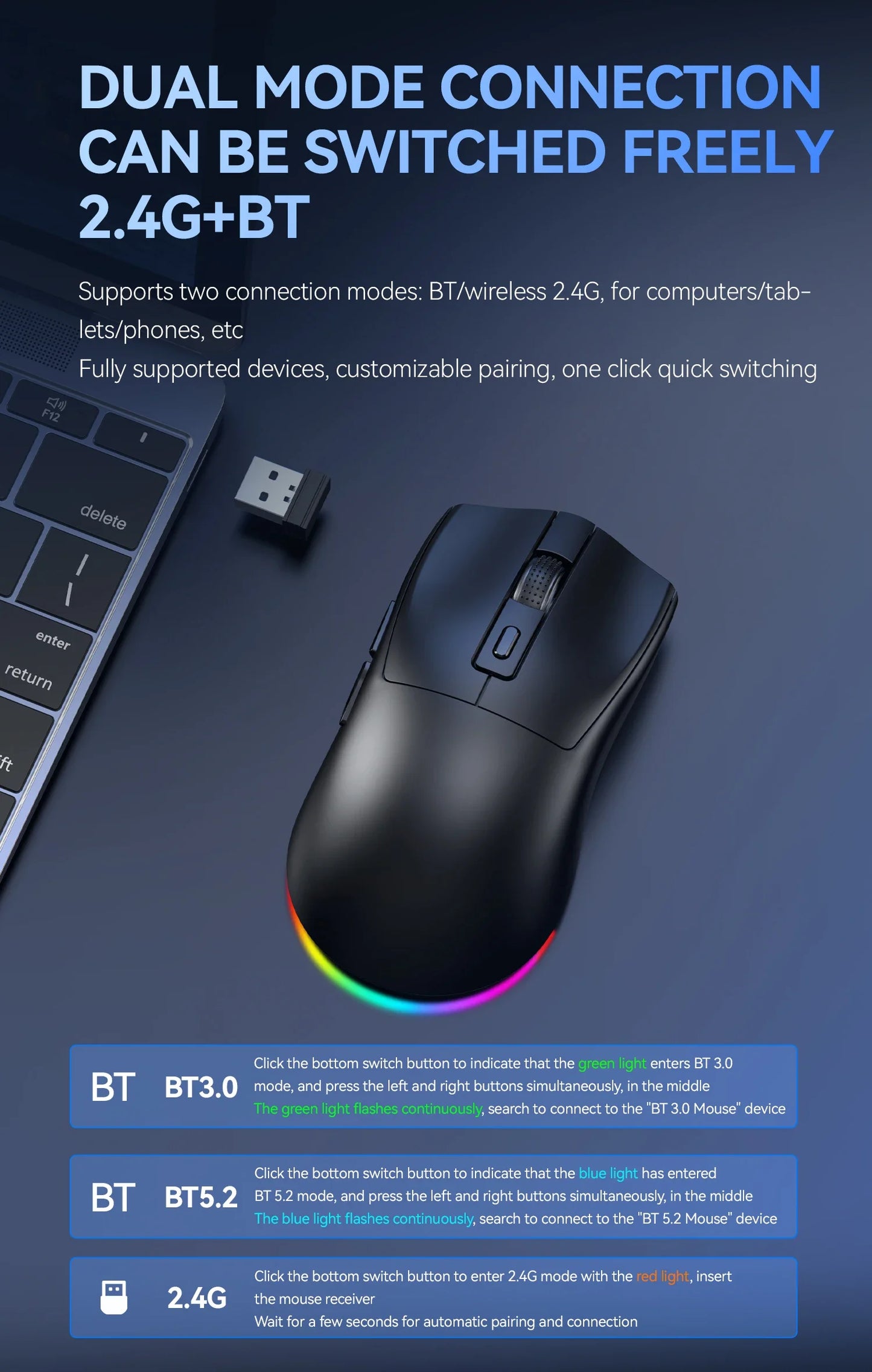 Leaven X3 Wireless Gaming Mouse with Charging Dock, Dual Mode Bluetooth/2.4G