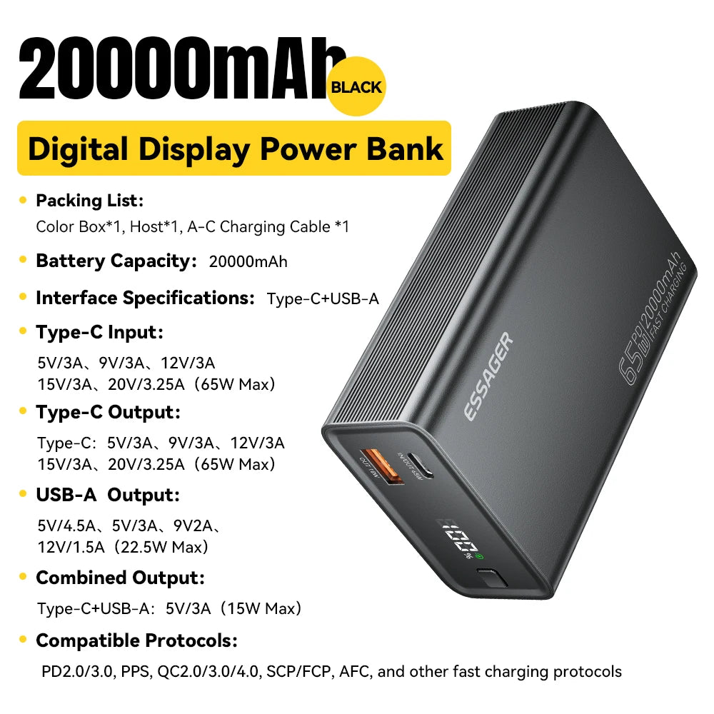 Essager Power Bank 20000mAh Portable PD 65W Fast Charging for iPhone17 16 15 Laptop Mac