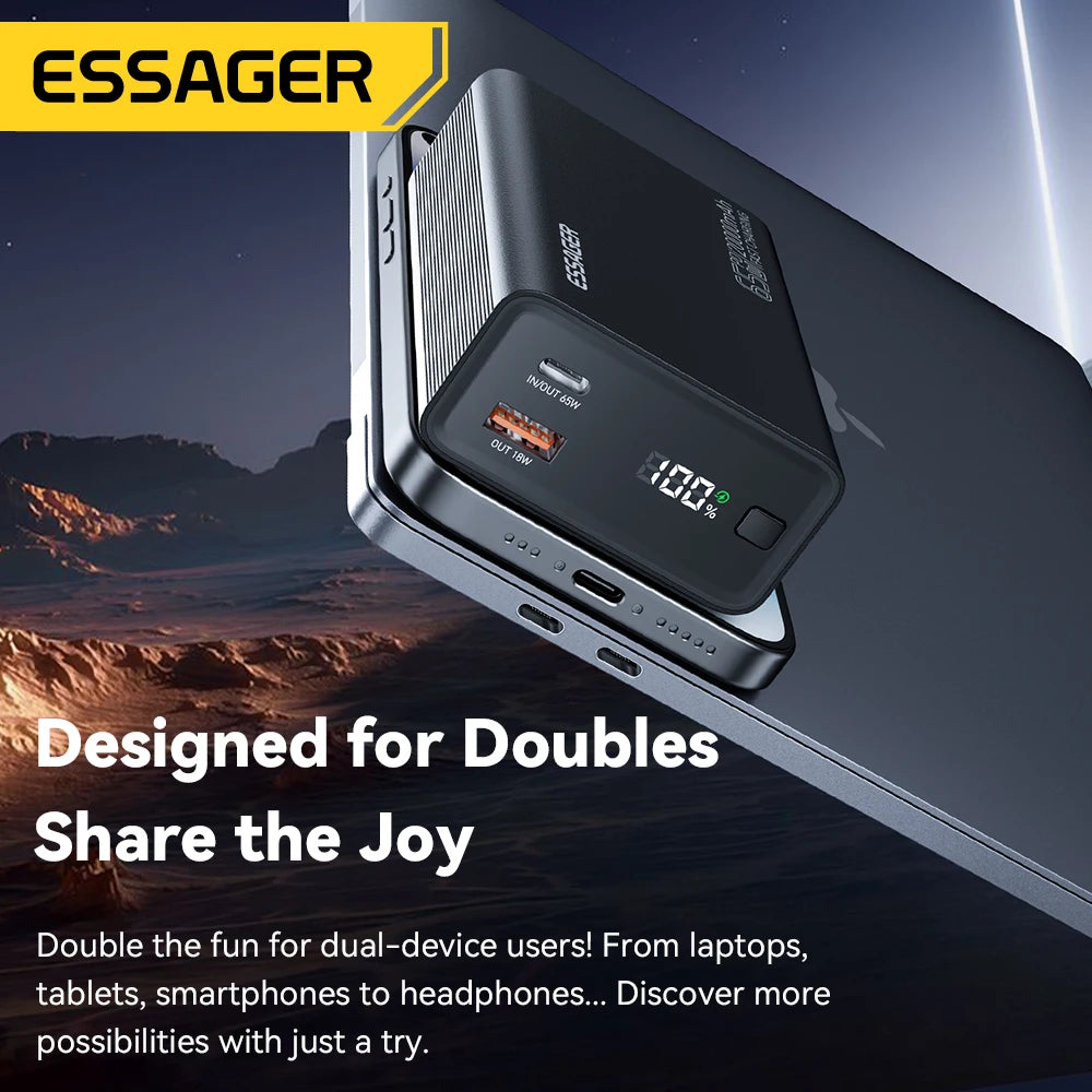 Essager Power Bank 20000mAh Portable PD 65W Fast Charging for iPhone17 16 15 Laptop Mac
