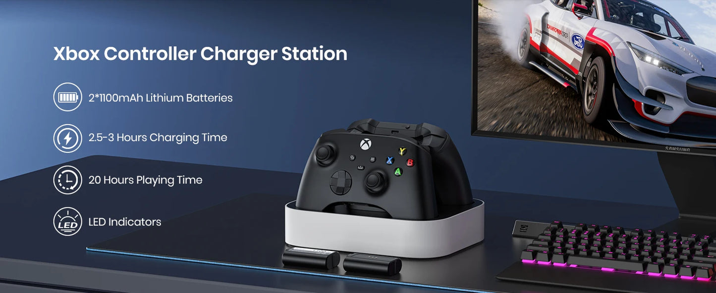 NEWDERY Controller Charger Station for Xbox One/Series X|S Controller Fast Charging Dock with 1100mAh Rechargeable Battery Packs