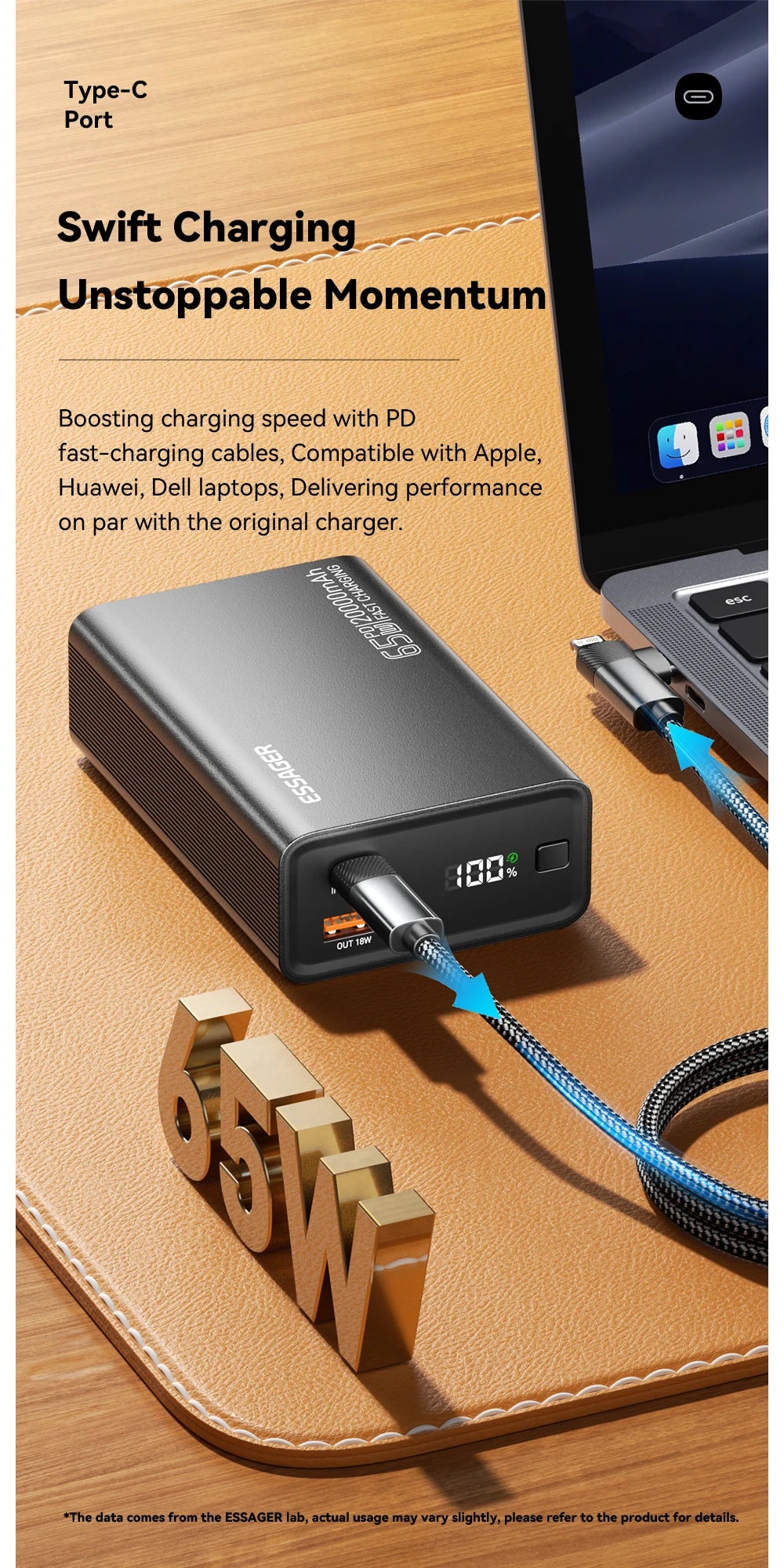 Essager Power Bank 20000mAh Portable PD 65W Fast Charging for iPhone17 16 15 Laptop Mac